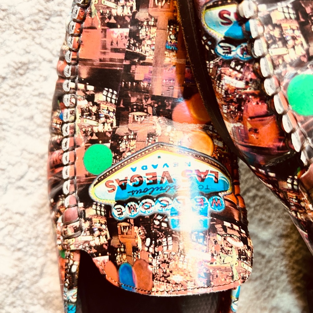 Funky Vintage Italian Leather Loafers w Las Vegas Frenzy Print 9M
